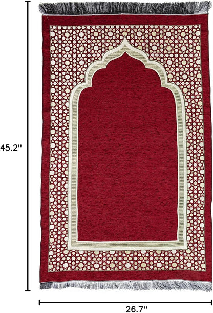 Turkish Islamic Prayer Mat - Thin Woven Chenille Sajjadah - Intricate Praying Rug Ramadan Eid Gift - Traditional Muslim Janamaz Sajada for Men Women - Geometric Selcuk Star (Red)