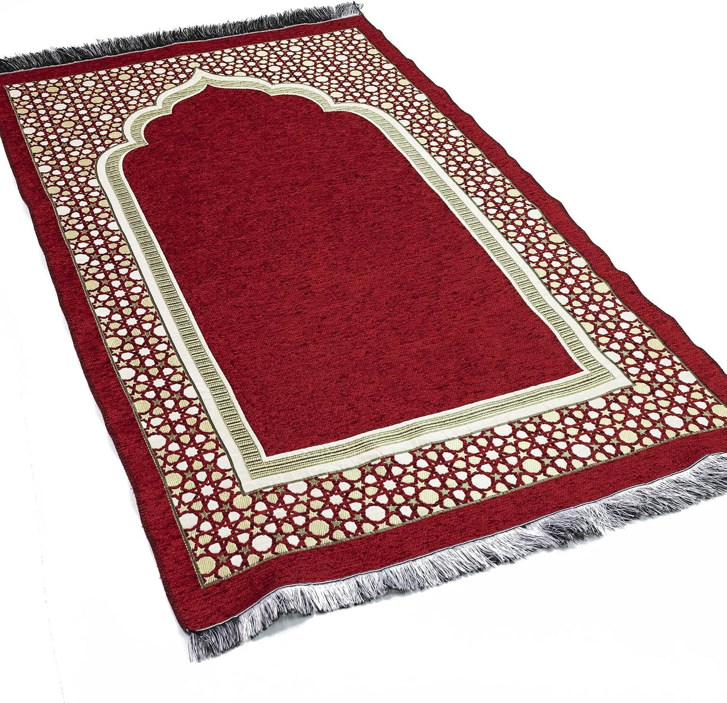Turkish Islamic Prayer Mat - Thin Woven Chenille Sajjadah - Intricate Praying Rug Ramadan Eid Gift - Traditional Muslim Janamaz Sajada for Men Women - Geometric Selcuk Star (Red)