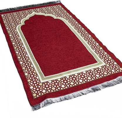 Turkish Islamic Prayer Mat - Thin Woven Chenille Sajjadah - Intricate Praying Rug Ramadan Eid Gift - Traditional Muslim Janamaz Sajada for Men Women - Geometric Selcuk Star (Red)