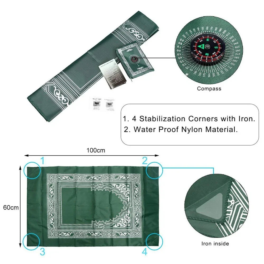 Portable Prayer Pocket Prayer Rug Islamic Gift Muslim Waterproof Praying Rug with Compass Travel Praying Blanket 100*60Cm