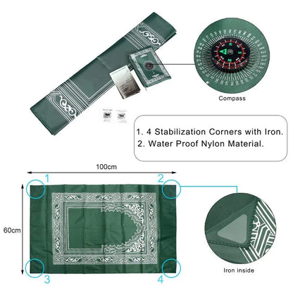 Portable Prayer Pocket Prayer Rug Islamic Gift Muslim Waterproof Praying Rug with Compass Travel Praying Blanket 100*60Cm