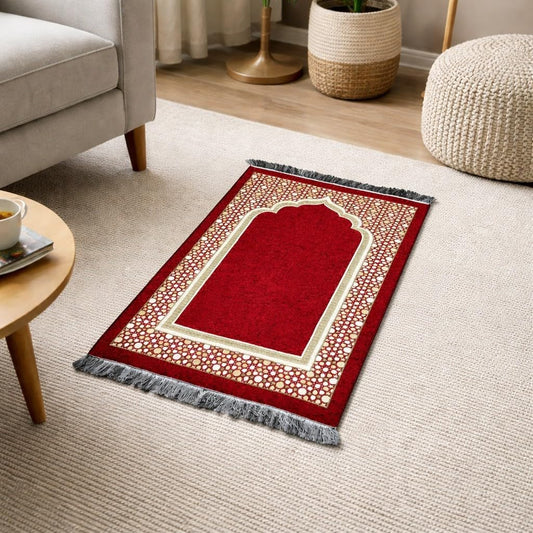 Turkish Islamic Prayer Mat - Thin Woven Chenille Sajjadah - Intricate Praying Rug Ramadan Eid Gift - Traditional Muslim Janamaz Sajada for Men Women - Geometric Selcuk Star (Red)